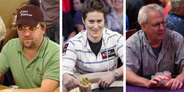 a collage of top poker pros Chris Moneymaker, Vanessa Selbst, and Mark Fleddermann