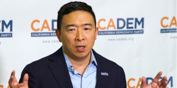 a photo of Andrew Yang speaking at a California Democratic convention