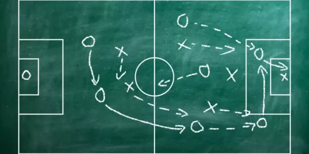 A soccer strategy drawn on a board. 