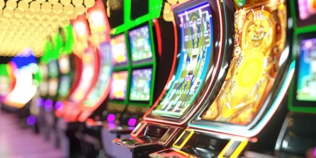 A line of brightly lit slot machines appearing side by side.