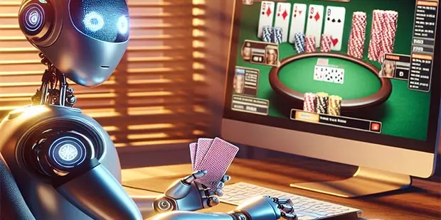 A robot sitting in front of a computer, playing poker.