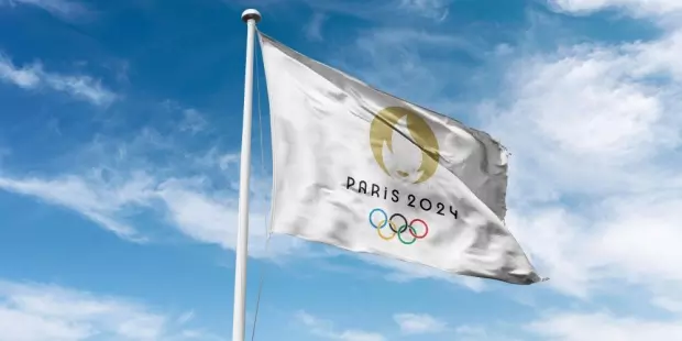 Paris Olympics 2024 flag flying in the breeze