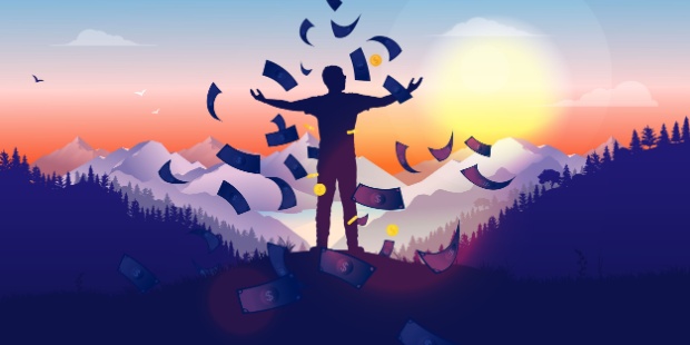 A man standing on a hill at sunrise with money falling from the sky.