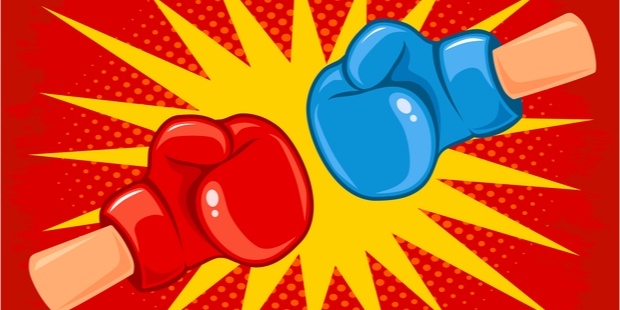 an illustration of a blue boxing glove and red boxing glove punching each other