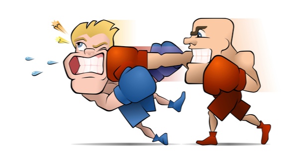 cartoon drawing of one boxer knocking out the other