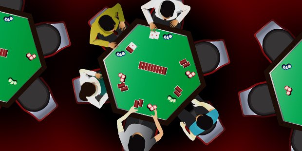 a poker table with players sitting at it with one seat available