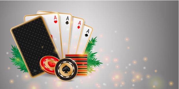 Four aces, poker chips, and fir branches surrounded by sparks