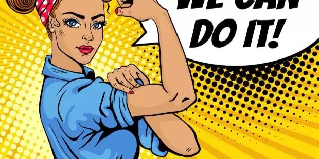 A pop art poster of a woman showing her muscles, saying: "we can do it". 