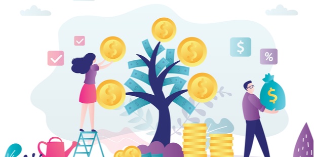 A diagram of a man and a woman picking different prizes from a money tree. 