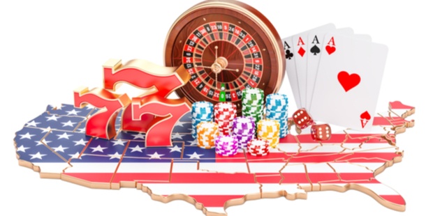A map of the US with poker chips, cards, a roulette table, and lucky number "7" appearing on it