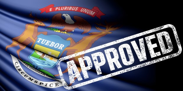 An “approved” stamp near the Michigan state flag.
