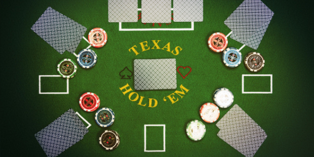 Texas Holdem table with cards and chips.