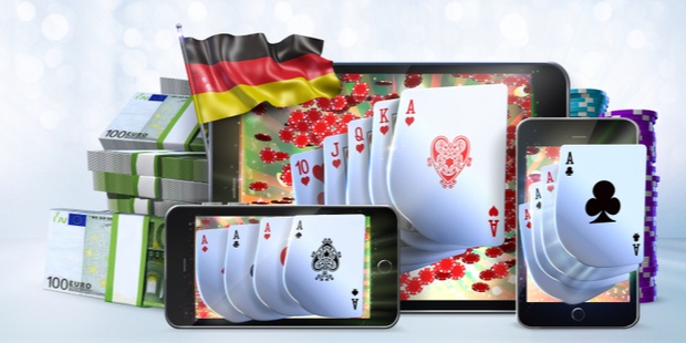 tablet and phone screens showing poker cards and a German flag