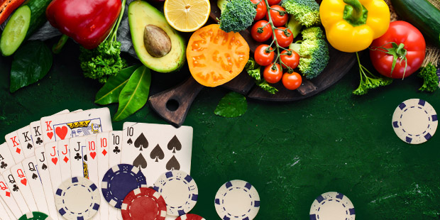 an Everygame poker table with healthy vegetables scattered around