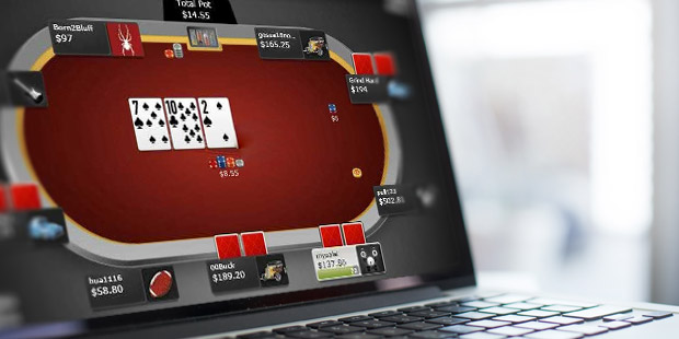 an online Everygame poker table on a laptop screen