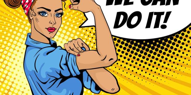 A pop art poster of a woman showing her muscles, saying: "we can do it". 