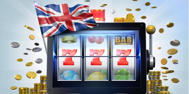 slot machines  with the UK flag in the background