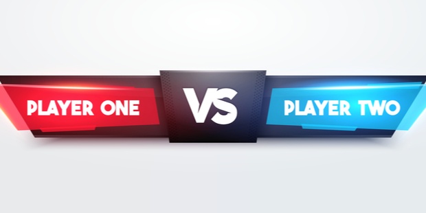 The words player 1 vs. player 2 appear on a battle scoreboard.